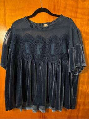 Anthropologie Navy Velvet Crochet Yoke Short Sleeve Tunic